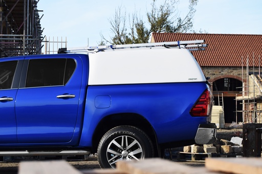 [4M- HILUX-16PROTOPLOWTRADEGLASSLR/C/RKE#] Hilux ProTop canopy Tradesman in 040 White with glass rear door and ladder rack compatible with central locking